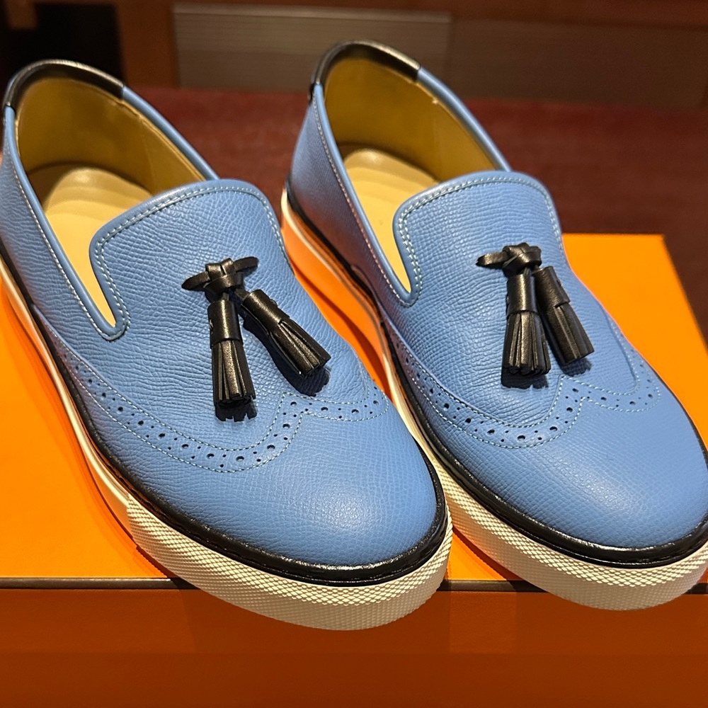 Hermes Sky Blue Leather Tassel Loafers